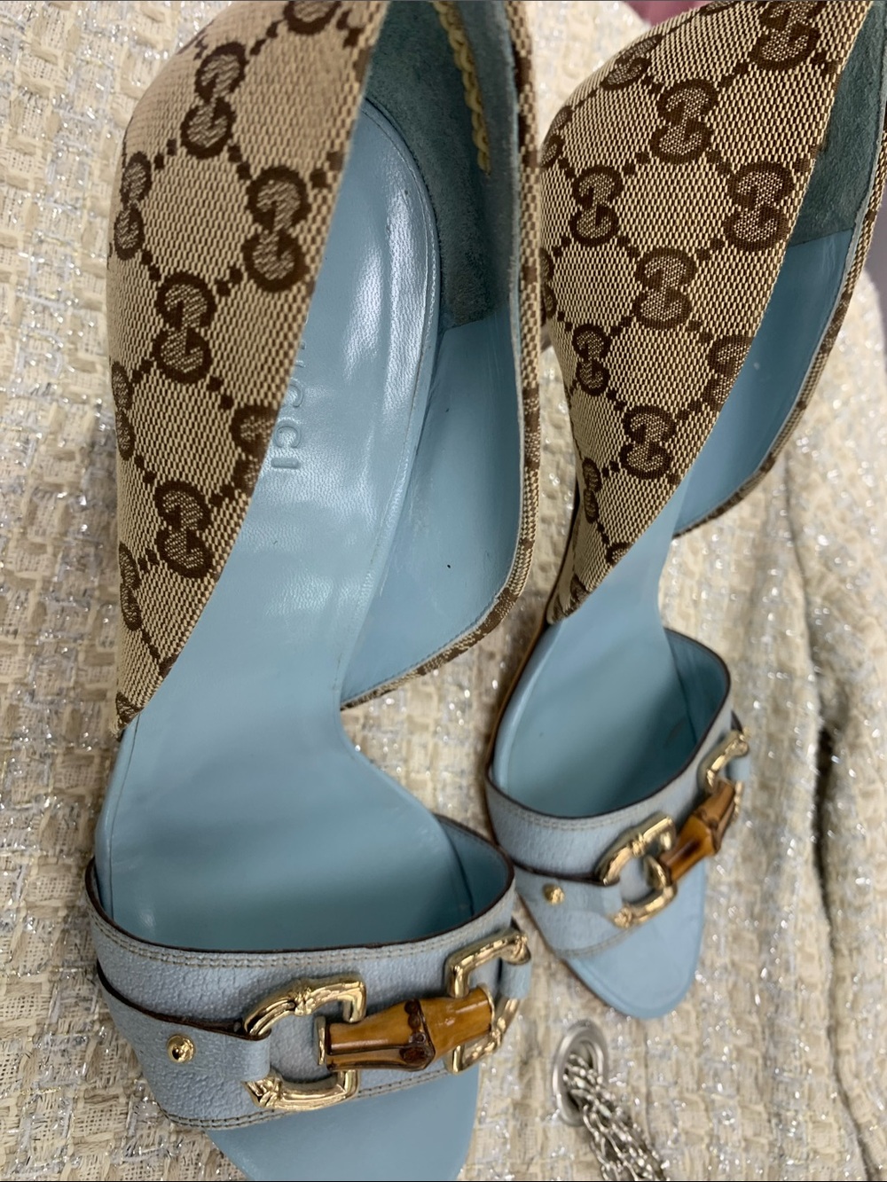 Gucci Light Blue Leather Open-Toe Heels with Brown Monogram Canvas - Picture 7 of 7